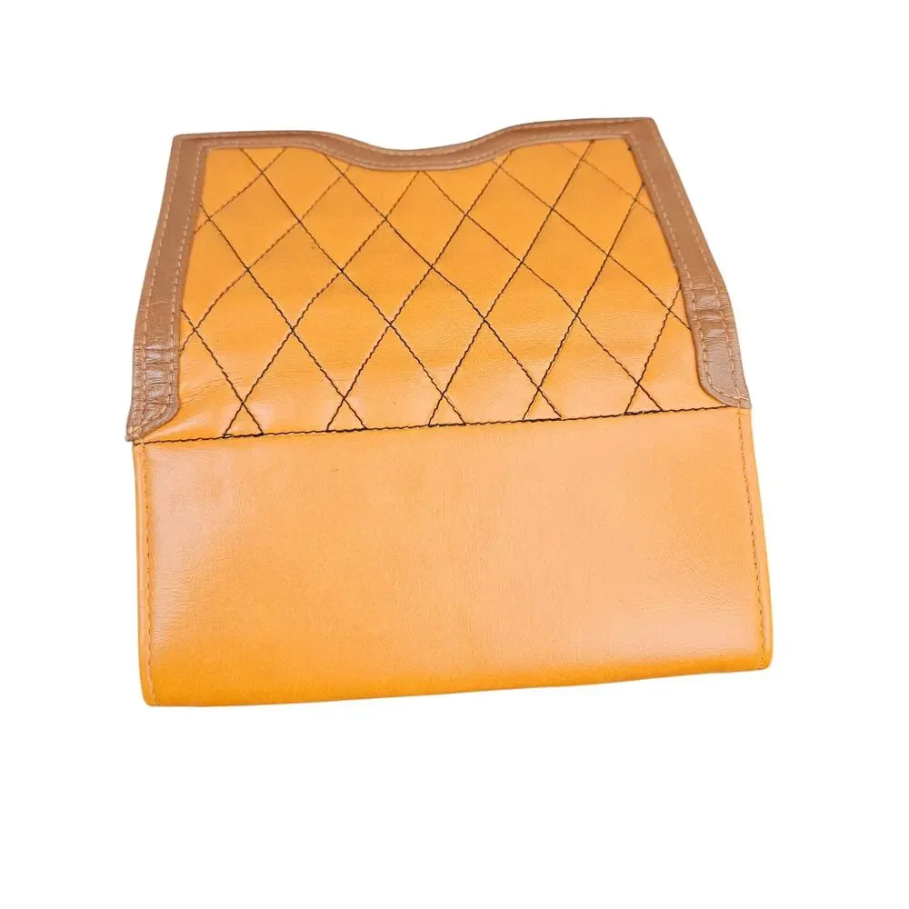 Orange Quilted Faux Leather Compartmentalized Checkbook Wallet Brown Trim